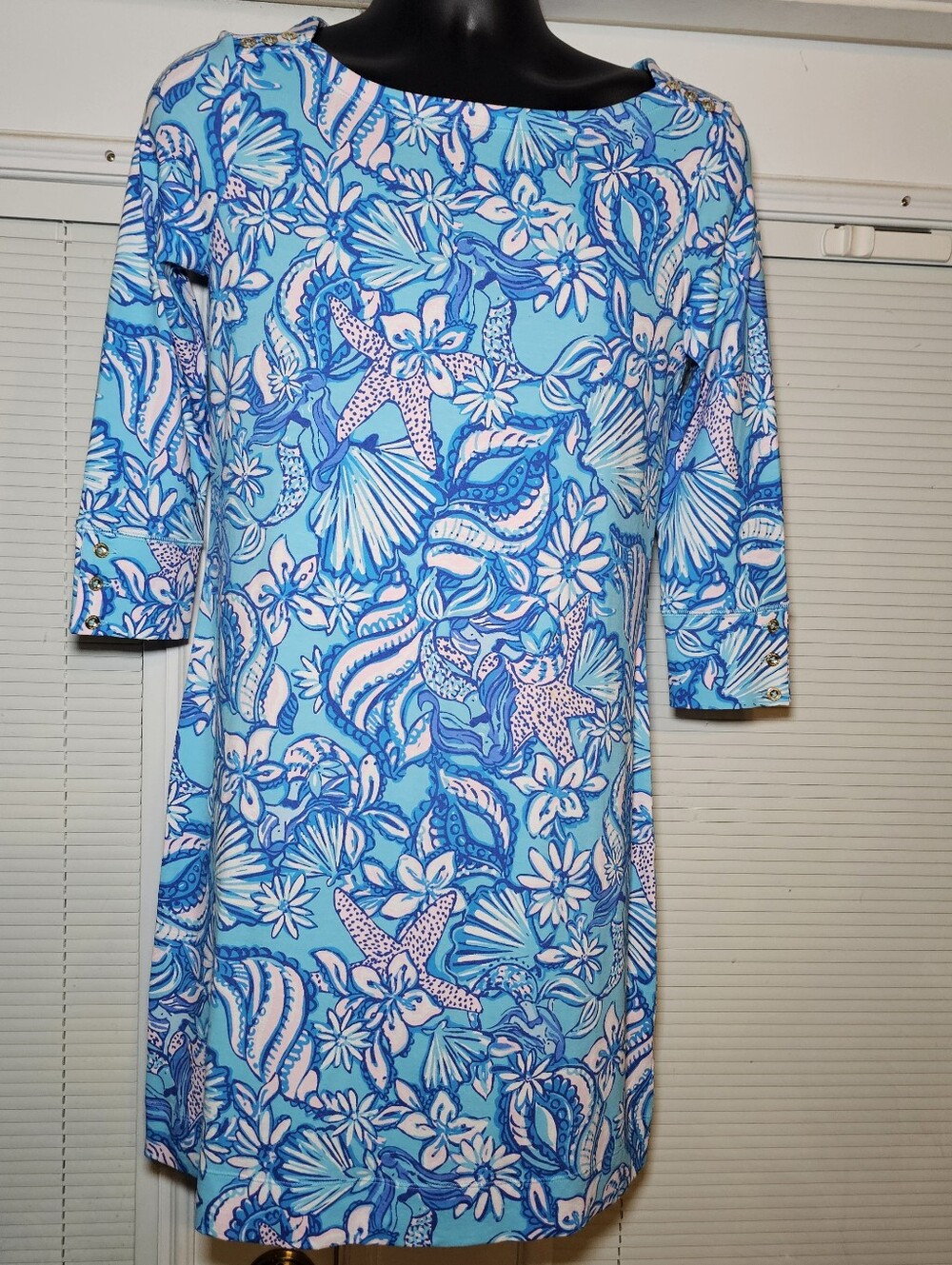 Lilly Pulitzer Sophie Shift Dress Sz M Shells Floral Stretch 3/4 Sleeve